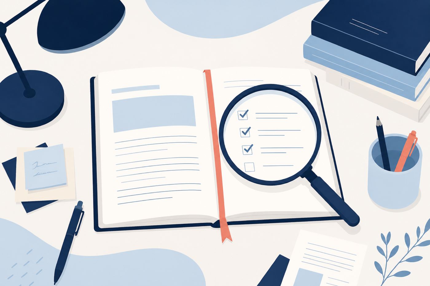 Editorial desk illustration with notebook and checklist